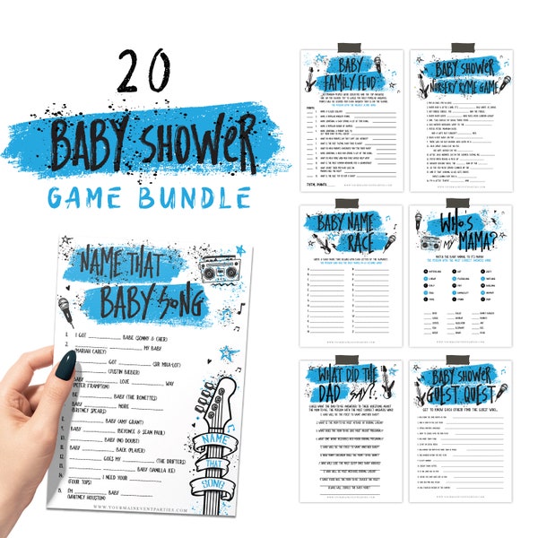 Born To Rock Boy Baby Shower Games Bundle, Rock Themed Games and Activities, Party Favors