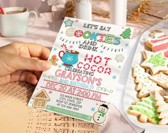 May include: A white invitation card with colorful illustrations of cookies, hot cocoa, and a snowman. The text on the card reads "Let's eat cookies and drink hot cocoa celebrating Grayson's 2nd birthday! Dec 20 at 2:00 PM".