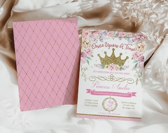 May include: Pink and gold princess themed invitation with a floral design and the text "Once Upon A Time" and "Princess Amelia". The invitation includes the date "Aug 25" and the text "Celebrating her 2nd Birthday".