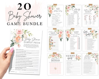 Könnte beinhalten: Ein Set von Babyparty-Spiel-Vorlagen, darunter "Baby Shower Family Feud", "Name That Baby Song" und "Celebrity Baby Names". Die Designs zeigen rosa und pfirsichfarbene Blumenarrangements. Das Bundle trägt den Titel "20 Baby Shower Game Bundle".
