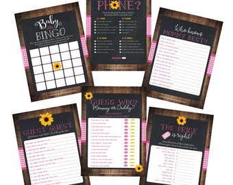 Baby BBQ Baby Shower Games Pink, Sunflower Country Barbeque BabyQ, Bingo, Price Is Right, Who Knows Momma, Find The Guest, Instant Download