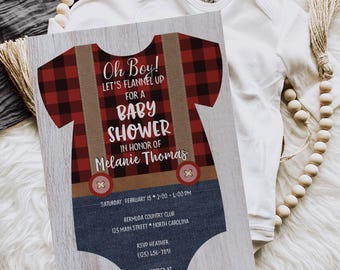 Red Flannel Lumberjack Baby Shower Invitation With Bear Woodland Theme