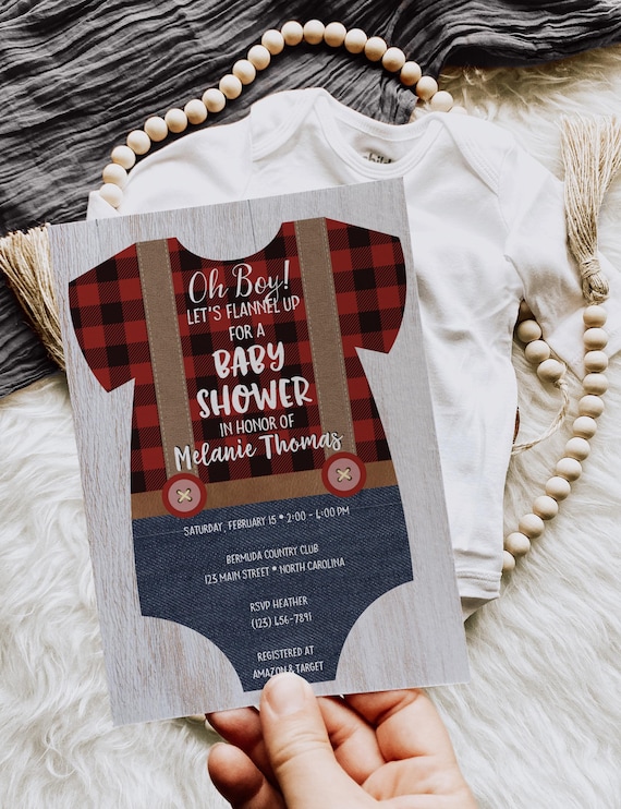 Red Flannel Lumberjack Baby Shower Invitation With Bear Woodland Theme