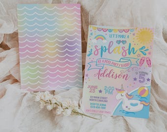 May include: A colourful invitation for a pool party bash featuring a unicorn riding a float in a pool. The invitation reads "Let's Make a Splash" and "Addison is turning 5". The party is on 25th June at 2:00 PM. The address is 123 Main Street, North Carolina. RSVP to Jenna at (123) 456-7891. Don't forget your towel!