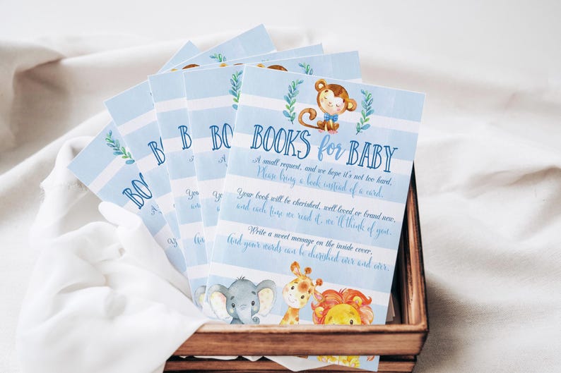 May include: Blue and white striped cards with a jungle animal theme. The cards say "Books for Baby" and ask guests to bring a book instead of a card.