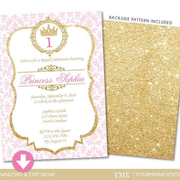 Princess Birthday Invitation • Pink and Gold Princess Invite • Princess Birthday Party Invite Instant Download DIY Printable