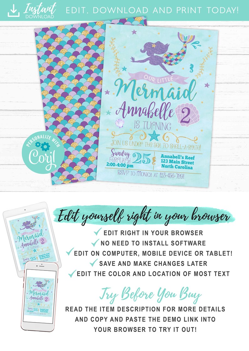 Mermaid Birthday Invitation, Mermaid Invitation, Under The Sea Party Invite, Teal Purple Gold image 2