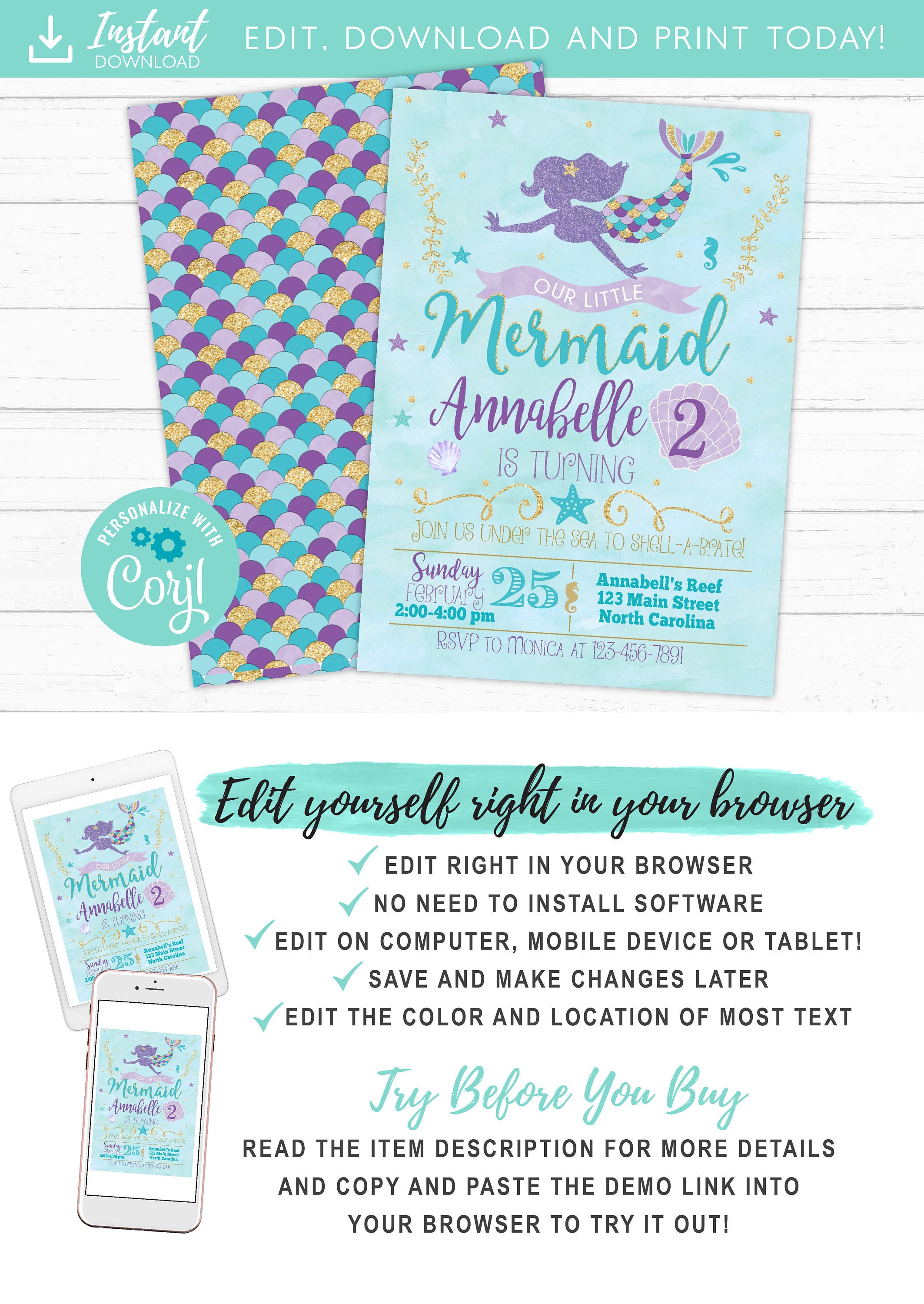 gold silver mermaid birthday invite mermaid Mermaid birthday invitation