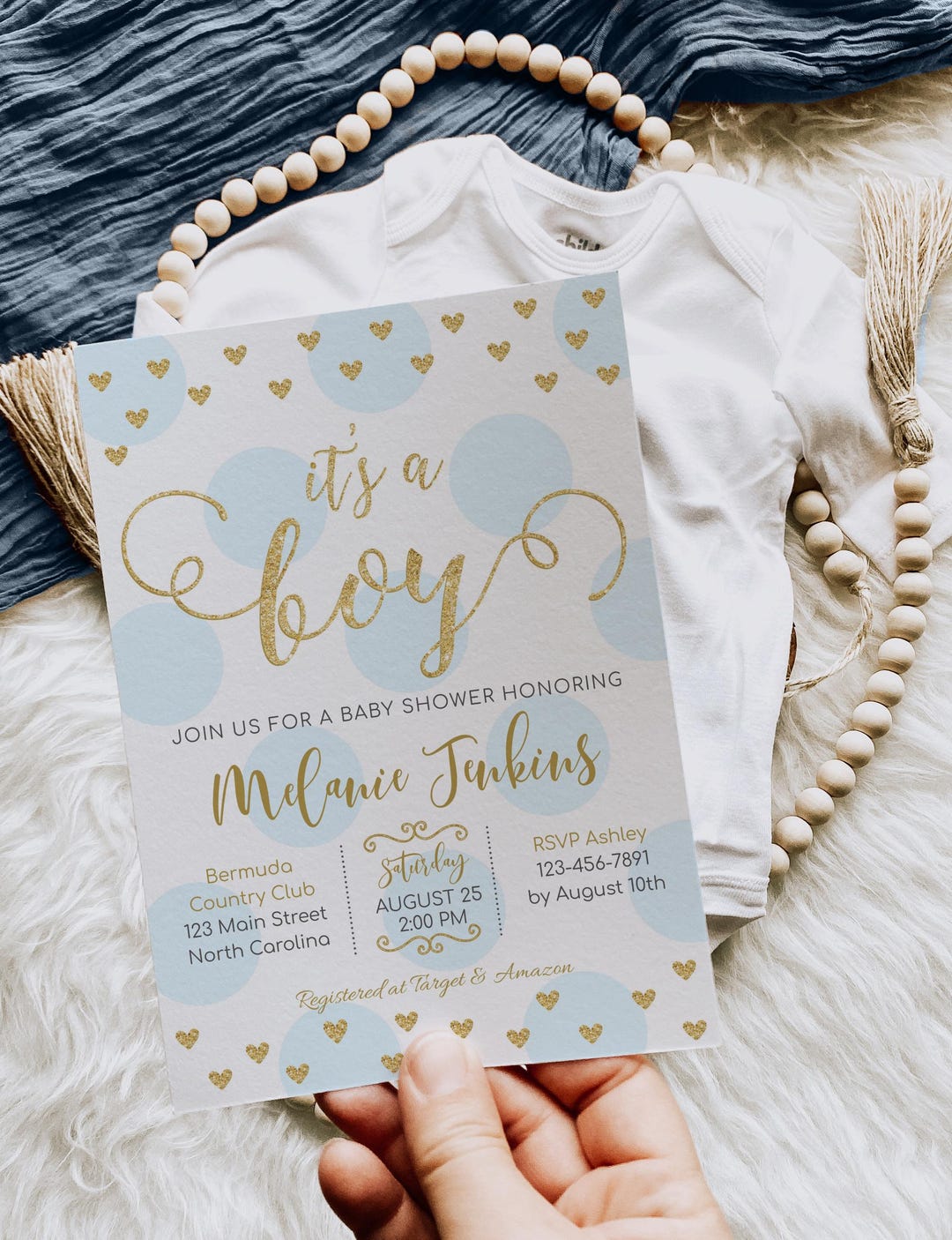 It's a Boy Baby Shower Invitation - Heart Blue and Gold Baby Sprinkle ...