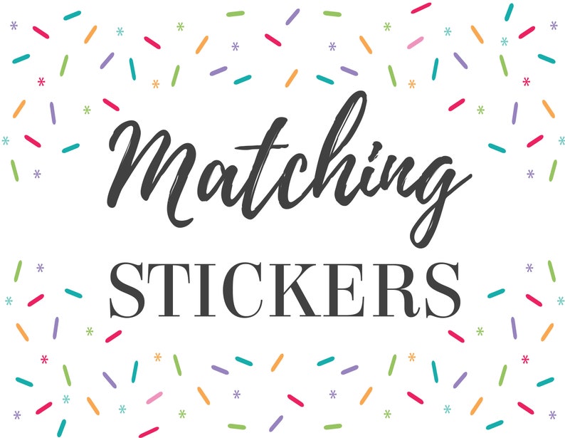 May include: Matching Stickers text with a white background and colorful confetti sprinkles.