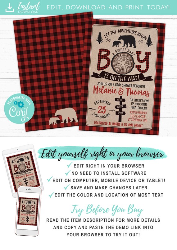 Lumberjack Baby Shower Invitation, Bear Woodland Baby Shower Invitation, Rustic Mama Bear Baby Sprinkle, DIY Instant Download Template Il_570xn