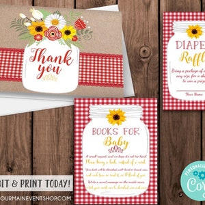 May include: Printable baby shower invitation set with a mason jar theme. The invitations feature a red and white gingham pattern, sunflowers, and the text "Thank you" and "Books for Baby".
