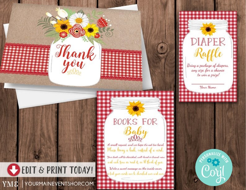 May include: Printable baby shower invitation set with a mason jar theme. The invitations feature a red and white gingham pattern, sunflowers, and the text "Thank you" and "Books for Baby".