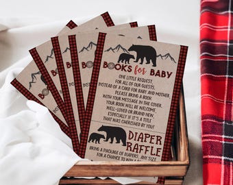 Set di biglietti per la lotteria dei pannolini per la richiesta del libro per baby shower Bear Lumberjack
