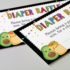 May include: Two black and white cards with colorful text that reads "Diaper Raffle". The cards have a white border with a scalloped edge. The cards feature a cartoon avocado and a cartoon burrito with happy faces. The text on the cards reads "Please bring a pack of diapers, for a chance to win a prize. Your Name"