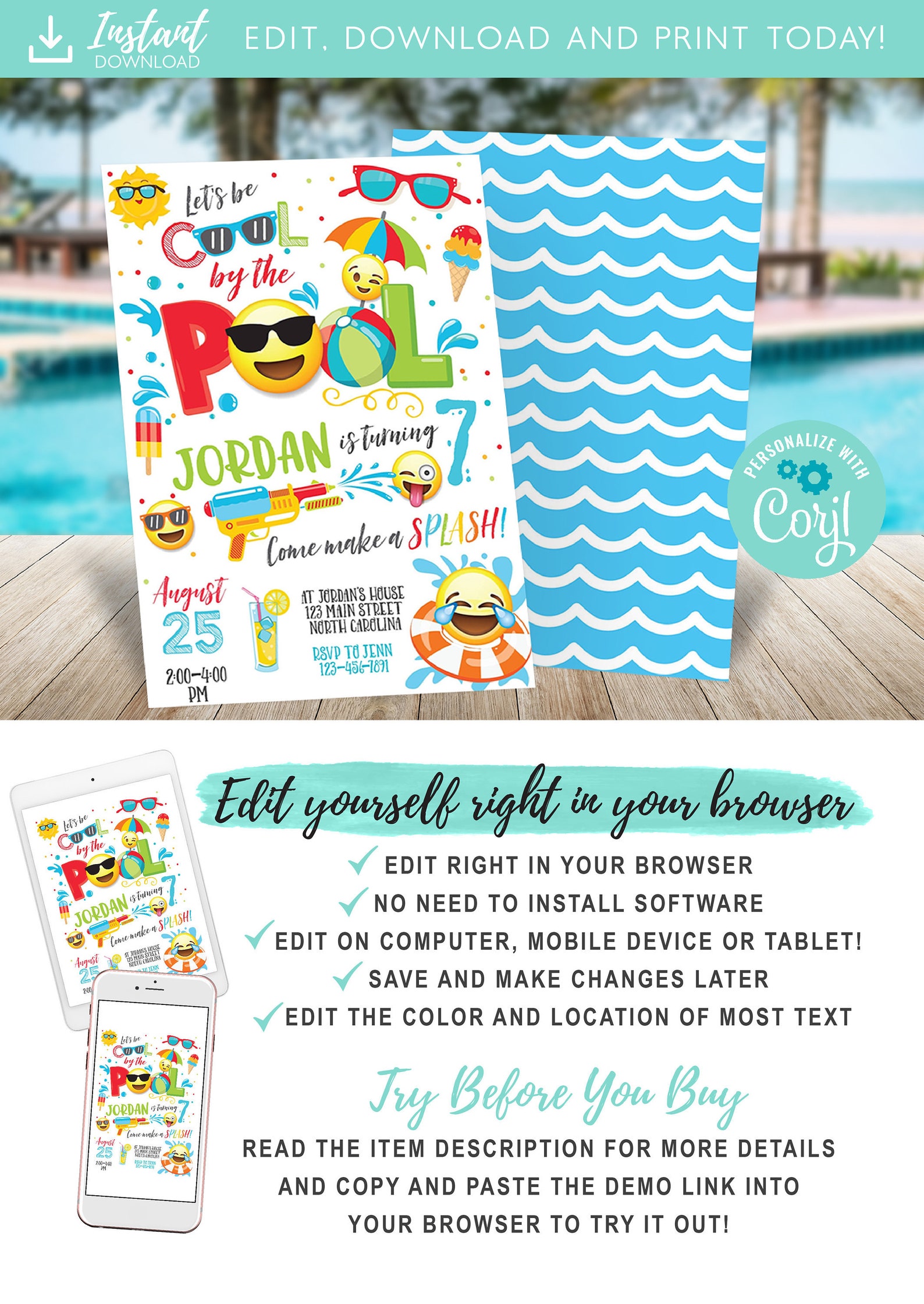 Boy Emoji Pool Party Invitation Pool Party Birthday Invitation | Etsy