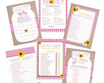 Baby BBQ Baby Shower Games Pink, Sunflower Country Barbeque BabyQ, Bingo, Price Is Right, Who Knows Momma, Find The Guest, Instant Download