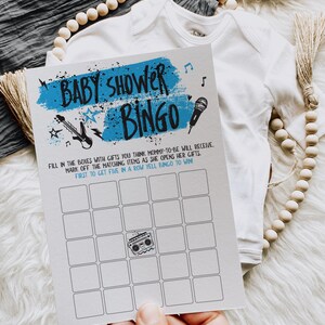 Bingogames voor babyshowers Born To Rock | Blauwe instant download afdrukbare kaarten van 5 x 7 | Leuke rock-'n-roll babyshoweractiviteit