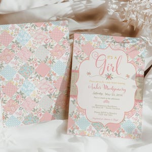 May include: A baby shower invitation with a patchwork quilt design in pink, blue, and green. The invitation says "It's a Girl" and includes the name "Aubrey Montgomery" and the date "Saturday, May 23, 2018".