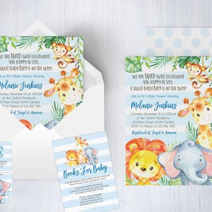 May include: Baby shower invitations and inserts with a jungle theme. The invitation features a giraffe, monkey, and elephant. The text reads, "We are wild with excitement and happy to say, a sweet baby boy is on the way!"