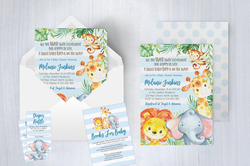 May include: Baby shower invitations and inserts with a jungle theme. The invitation features a giraffe, monkey, and elephant. The text reads, "We are wild with excitement and happy to say, a sweet baby boy is on the way!"