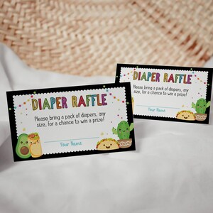 May include: Two black and white printable cards with the text "Diaper Raffle" in rainbow letters. The cards feature a cartoon avocado and taco with a cactus in the background. The text on the cards reads "Please bring a pack of diapers, any size, for a chance to win a prize!" and "Your Name".