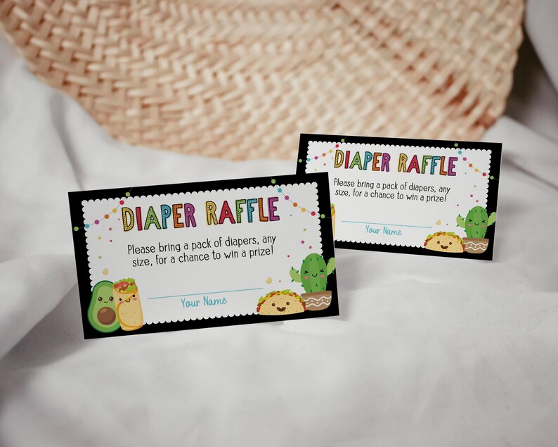 May include: Two black and white printable cards with the text "Diaper Raffle" in rainbow letters. The cards feature a cartoon avocado and taco with a cactus in the background. The text on the cards reads "Please bring a pack of diapers, any size, for a chance to win a prize!" and "Your Name".