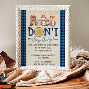 Bear Don&#39;t Say Baby Sign Woodland Lumberjack Baby Shower Game Sign