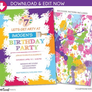 Paint Art Craft Birthday Party Invitation Paint Splatter Art Party Invite Instant Download Edit in Adobe Reader image 1