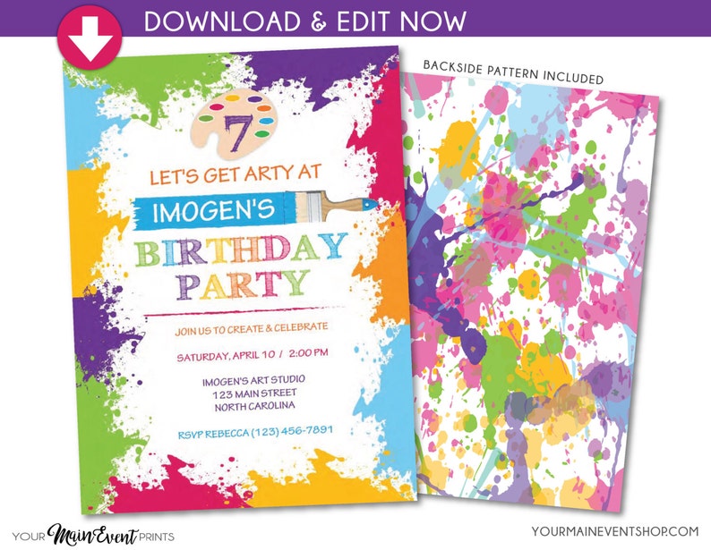Paint Art Craft Birthday Party Invitation Paint Splatter Art Party Invite Instant Download Edit in Adobe Reader image 1