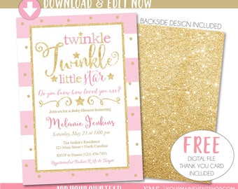 Twinkle Twinkle Little Star Baby Shower Invitation, Twinkle Twinkle Little Star Invitation, Pink and Gold Printable Invite, Thank You Card