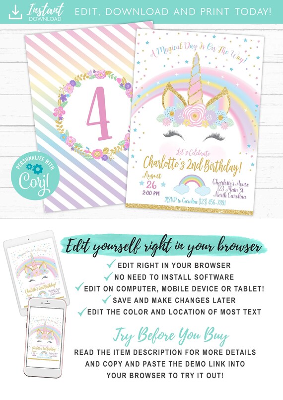 Unicorn Birthday Invitation, Unicorn Party Invite, Rainbow Invitation, Magical Invitation, Rainbow Birthday Invite Printable Il_570xn
