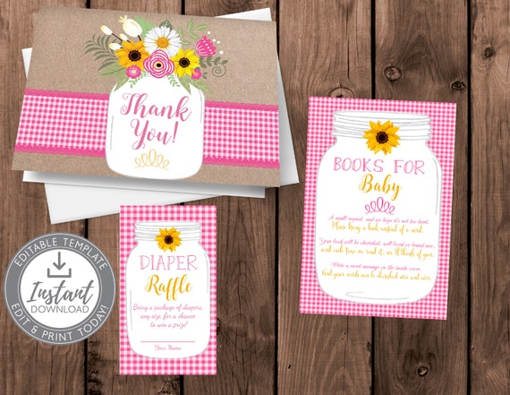 Pink Country BabyQ BBQ Baby Shower Book Request Card, Diaper Raffle, Thank You Card, Mason Jar, Kraft, Baby Sprinkle Il_570xn