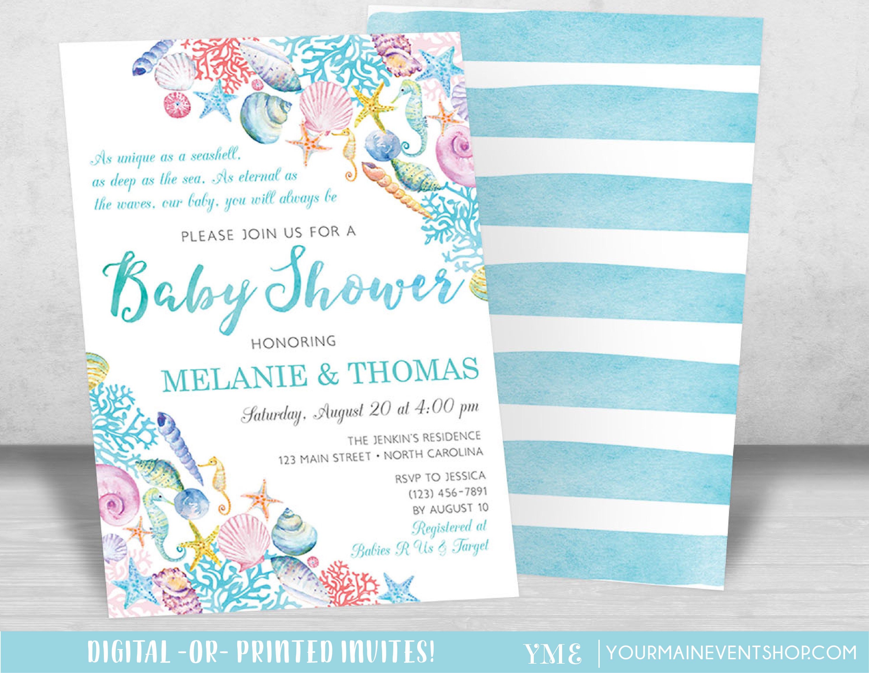 Beach Baby Shower Invitation Nautical Sea Shell Beach Baby Etsy