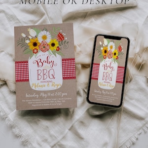 May include: A printable baby shower invitation with a mason jar theme. The invitation features a mason jar filled with sunflowers, daisies, and red flowers. The text on the invitation reads "Join us for a Baby BBQ Honoring Melanie & Roger" and includes the date, time, and location of the event. The invitation also includes the RSVP information and registry details.