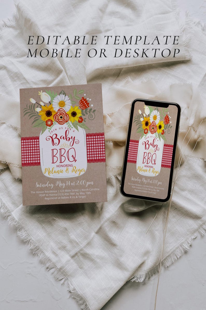 May include: A printable baby shower invitation with a mason jar theme. The invitation features a mason jar filled with sunflowers, daisies, and red flowers. The text on the invitation reads "Join us for a Baby BBQ Honoring Melanie & Roger" and includes the date, time, and location of the event. The invitation also includes the RSVP information and registry details.