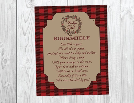 Holiday Christmas Baby Shower Book Request Card - It's a Boy - Christmas Flannel Baby's First Bookshelf #037 Il_570xn