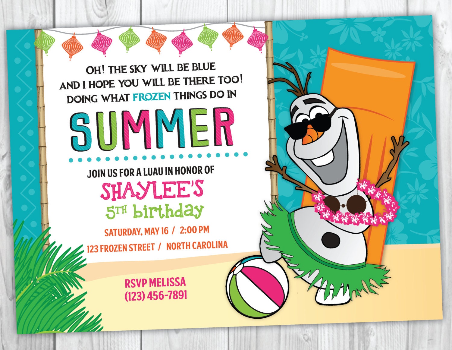 frozen olaf summer birthday invitation printable frozen luau etsy