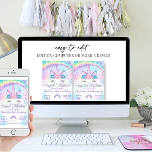 May include: Editable digital invitation for a child's birthday party. The invitation features a unicorn with a rainbow background and the text "Magical Celebration Chaulitter's 2nd Birthday!"