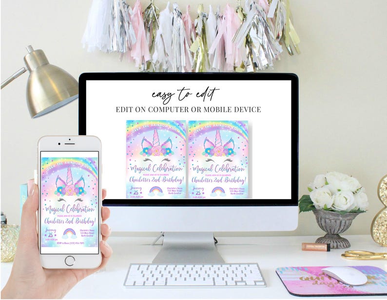 May include: Editable digital invitation for a child's birthday party. The invitation features a unicorn with a rainbow background and the text "Magical Celebration Chaulitter's 2nd Birthday!"