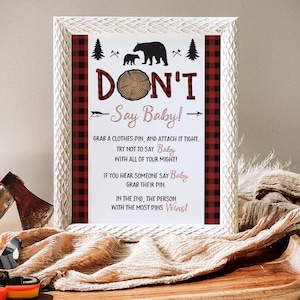 Bear Don&#39;t Say Baby Sign Lumberjack Baby Shower Sign