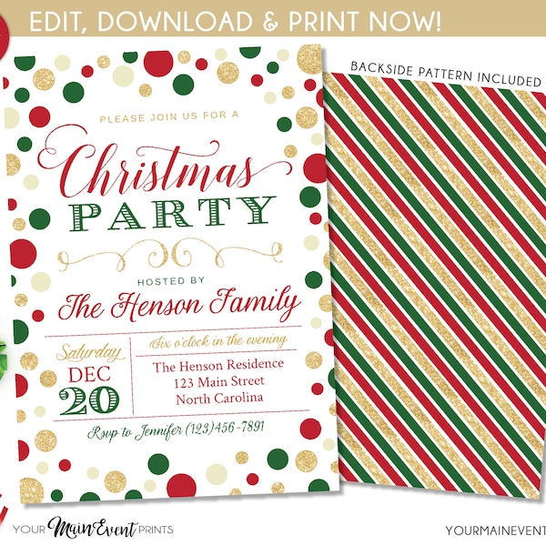 Christmas Party Invitation, Christmas Party Invite, Christmas Party Printable, Holiday Party DIY Edit Templett Printable