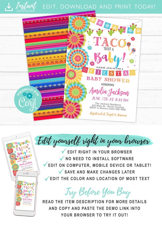 Taco Bout A Baby Fiesta Baby Shower Invitation, Neutral Fiesta Baby Shower Party, Floral Mexican Fiesta Baby Shower Invite, Printable, DIY Il_570xn