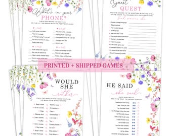 PRINTED Wildflower Bridal Shower Games, 4 Game Set for 30 Guests, He Said She Said, Would She Rather, Guest Quest, What’s In Your Phone