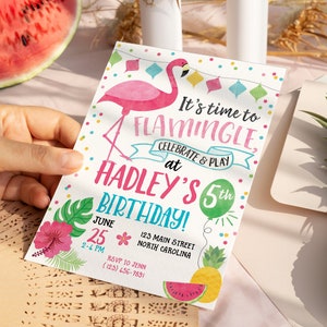 Invito Flamingo, Invito Compleanno Let's Flamingle, Festa in Piscina Luau, Estate Stampabile, Tutti Frutti 5x7 e 4x6 Modelli Modificabili