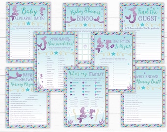 Mermaid Baby Shower Games, Bingo, Price Is Right, Who Knows Momma, Find The Guest, Instant Download Mermaid Decoration Ideas