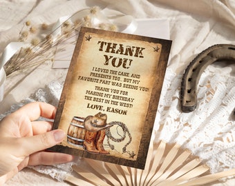 Saddle Up Country Western Thank You Card,  Rustic Wood, Cowboy Hat and Lasso, Cowboy Birthday Thank You, Printable, Instant Download