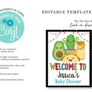 May include: Editable template for a baby shower invitation with a black background and colorful text. The text says "Welcome to Jessica's Baby Shower". The design features a cartoon avocado, cactus, and taco with smiling faces.