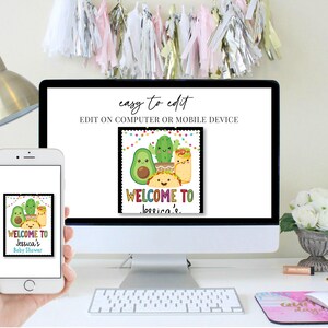 May include: Editable digital printable sign with a colorful welcome to Jessica's baby shower design. The sign features a cartoon avocado, cactus, and tacos.