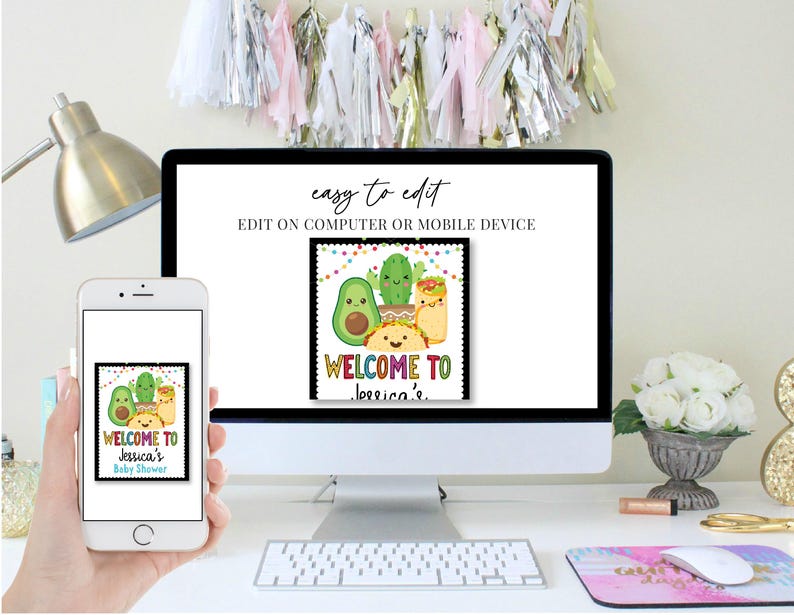 May include: Editable digital printable sign with a colorful welcome to Jessica's baby shower design. The sign features a cartoon avocado, cactus, and tacos.